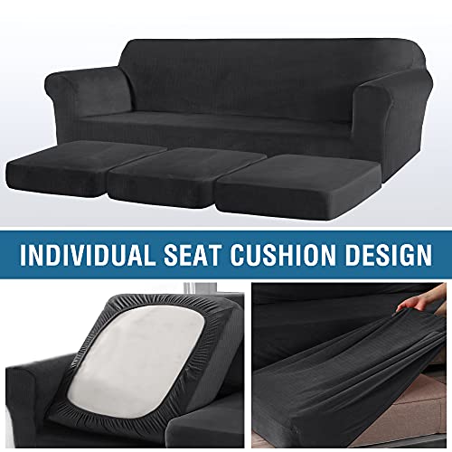 Thick Striped Velvet 4 Piece Stretch Sofa Covers Couch Covers for 3 Cushion Couch Sofa Slipcovers (Base Cover Plus 3 Large Cushion Covers) Feature Soft Stay in Place(3 Cushion: 96"-116", Grey)