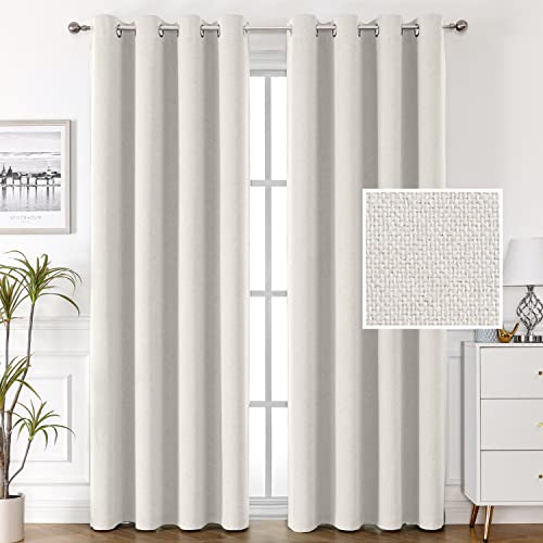 100% Blackout Linen Curtains 96 inches Long Thermal Curtains for Living Room Textured Burlap Curtains with Double Face Linen Grommet Soundproof Bedroom Curtains 52 x 96 Inch, 2 Panels - Off White
