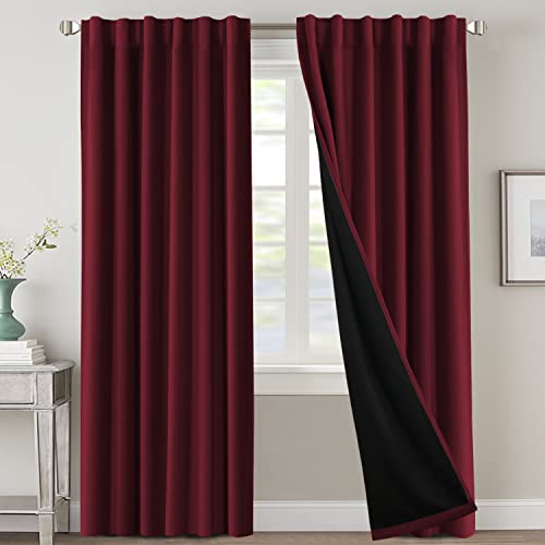 100% Blackout Curtains for Bedroom with Black Liner Full Room Darkening Curtains 96 Inches Long Thermal Insulated Back Tab/Rod Pocket Window Treatment Drapes for Living Room, Burgundy, 2 Panels