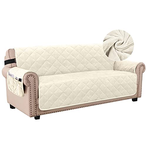 Thick Velvet Sofa Cover Soft Couch Cover for 3 Cushion Sofa Slipcover Washable Furniture Protector for Dogs, Non-Slip Elastic Straps Fit Sitting Width Up to 70"(Sofa, Ivory)