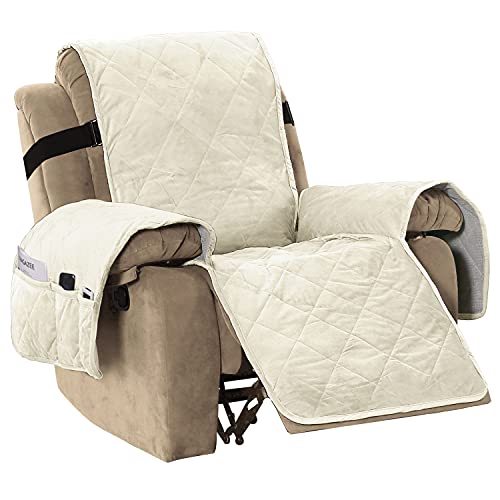 Thick Velvet Quilted Recliner Covers for Recliner Chair Covers Reclining Chair Slipcover Recliner Couch Cover with Non Slip Backing and Wider Elastic Strap (Checked - 79" x 68"- Ivory)