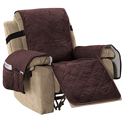 Thick Velvet Quilted Recliner Covers for Recliner Chair Covers Reclining Chair Slipcover Recliner Couch Cover with Non Slip Backing and Wider Elastic Strap (Checked - 79" x 68"- Brown)