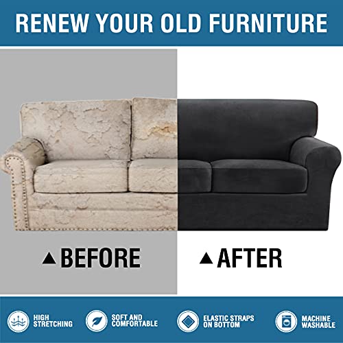 Thick Striped Velvet 4 Piece Stretch Sofa Covers Couch Covers for 3 Cushion Couch Sofa Slipcovers (Base Cover Plus 3 Large Cushion Covers) Feature Soft Stay in Place(3 Cushion: 96"-116", Grey)