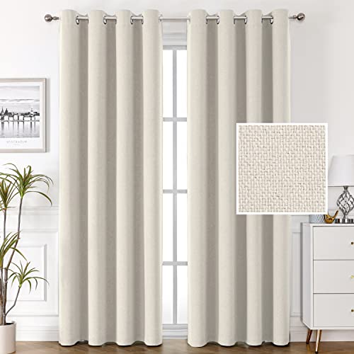 100% Blackout Linen Curtains 84 inches Long Thermal Curtains for Living Room Textured Burlap Curtains with Double Face Linen Grommet Soundproof Bedroom Curtains 52 x 84 Inch, 2 Panels - Ivory