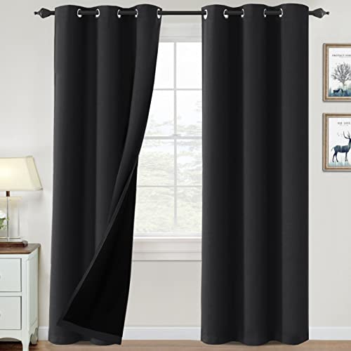 100% Blackout Curtains for Bedroom Thermal Insulated Blackout Curtains 84 inch Length Heat and Full Light Blocking Curtains Window Drapes for Living Room with Black Liner 2 Panels Set, Jet Black