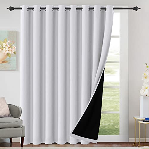 H.VERSAILTEX 100% Blackout Patio Curtains Thermal Insulated Curtains for Sliding Door Extra Wide Window Panels Full Light Blocking Grommet Curtains with Black Liner, W100 x L96 inch - Bleached White