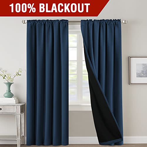 100% Blackout Curtains for Bedroom with Black Liner Full Room Darkening Curtains 96 Inches Long Thermal Insulated Back Tab/Rod Pocket Window Treatment Drapes for Living Room, Navy, 2 Panels