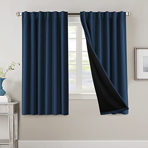 100% Blackout Curtains for Bedroom with Black Liner Full Room Darkening Curtains 63 Inches Long Thermal Insulated Back Tab/Rod Pocket Window Treatment Drapes for Living Room, Navy, 2 Panels