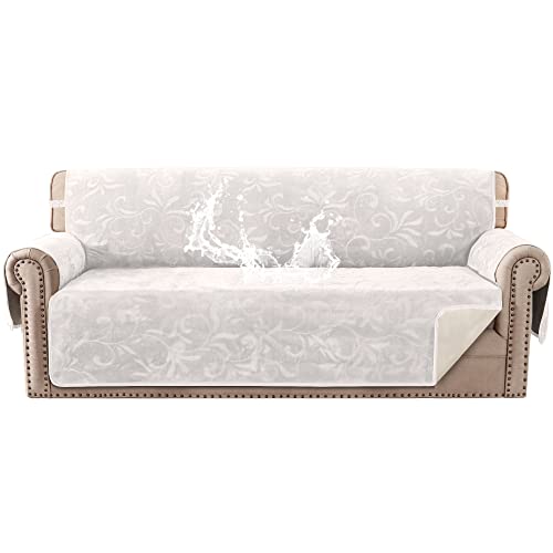 Sofa Slipcover 100% Waterproof Sofa Cover Couch Cover Premium Velvet Classic Flower Pattern Furniture Protector Non Slip with Elastic Straps for Pets Dogs Width Up to 72 Inch (Large Sofa, Ivory)