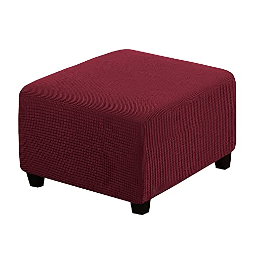 H.VERSAILTEX Square Ottoman Covers Ottoman Slipcovers Folding Storage Stool Furniture Protector Form Fit with Elastic Bottom, Stretch High Spandex Small Checks Jacquard Fabric(Medium,Burgundy Red)