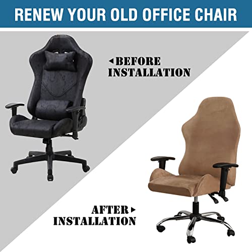 2 Piece Velvet Gaming Chair Covers Stretchable Game Chair Cover Protector Computer Chair Cover Computer Reclining Racing Ruffled Gamer Chair Protector Rotating Armchair Covers Without Chair (Camel)