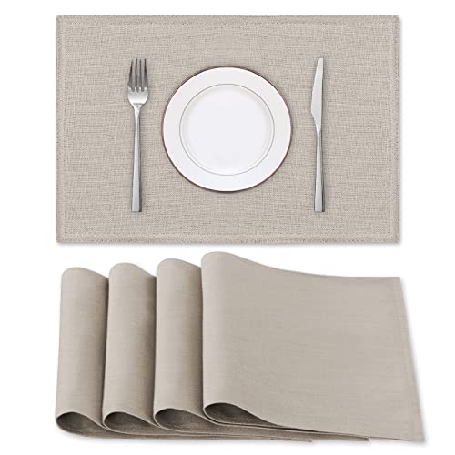 H.VERSAILTEX Linen Placemats Set of 4 Premium Solid Table Placemats for Dining Table Spill-Proof Waterproof Table Mats Heat-Resistant Kitchen Table Mats Washable, 12x18 inches, Taupe