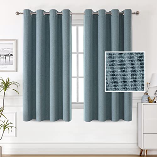100% Blackout Linen Curtains 54 inches Long Thermal Curtains for Living Room Textured Burlap Curtains with Double Face Linen Grommet Soundproof Bedroom Curtains 52 x 54 Inch, 2 Panels - Stone Blue