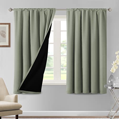 H.VERSAILTEX 100% Blackout Curtains for Bedroom Thermal Insulated Curtains & Drapes Blackout Curtains 63 Inches Long Rod Pocket Curtains for Living Room with Black Liner 2 Panels Set, Sage