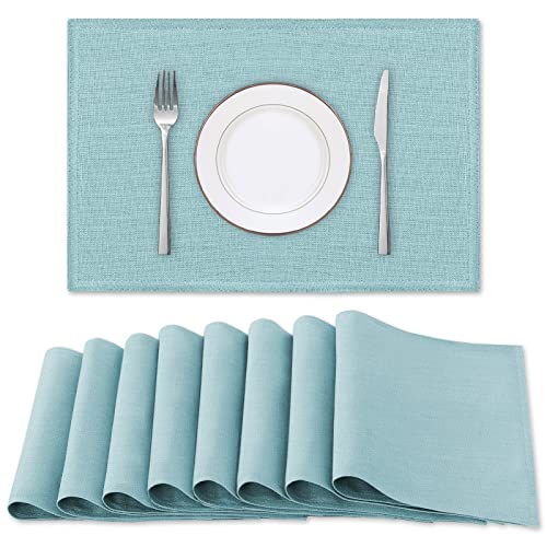 H.VERSAILTEX Linen Placemats Set of 8 Premium Solid Table Placemats for Dining Table Spill-Proof Waterproof Table Mats Heat-Resistant Kitchen Table Mats Washable, 12x18 inches, Aqua