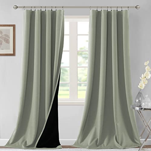 H.VERSAILTEX 100% Blackout Curtains for Bedroom Thermal Insulated Curtains & Drapes Blackout Curtains 108 Inches Long Rod Pocket Curtains for Living Room with Black Liner 2 Panels Set, Sage