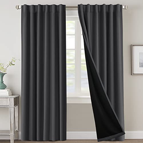 100% Blackout Curtains for Bedroom with Black Liner Full Room Darkening Curtains 84 Inches Long Thermal Insulated Back Tab/Rod Pocket Window Treatment Drapes for Living Room, Charcoal Grey, 2 Panels