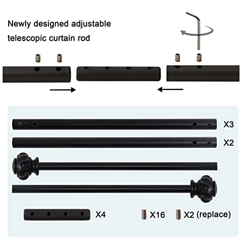 H.VERSAILTEX Window Curtain Rods for Windows 48 to 86 Inches Splicing Adjustable 3/4 Inch Diameter Single Window Curtain Rod Set with Decorative Ribbed Knob Finials, Black