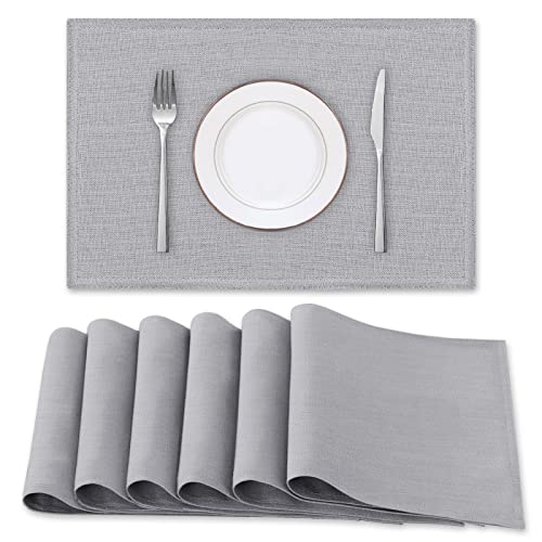H.VERSAILTEX Linen Placemats Set of 6 Premium Solid Table Placemats for Dining Table Spill-Proof Waterproof Table Mats Heat-Resistant Kitchen Table Mats Washable, 12x18 inches, Grey