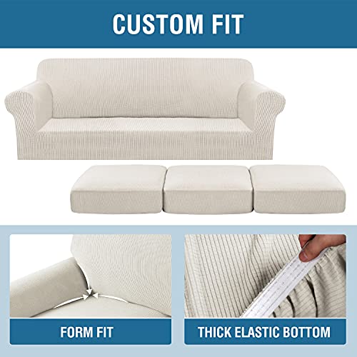 H.VERSAILTEX 4 Piece Stretch Sofa Covers for 3 Cushion Couch Covers for Living Room Furniture Slipcovers (Base Cover Plus 3 Seat Cushion Covers) Upgraded Thicker Jacquard Fabric (XL Sofa, Ivory)