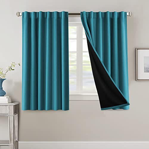 100% Blackout Curtains for Bedroom with Black Liner Full Room Darkening Curtains 54 Inches Long Thermal Insulated Back Tab/Rod Pocket Window Treatment Drapes for Living Room, Turquoise Blue, 2 Panels