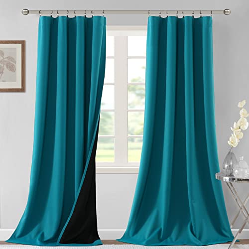 H.VERSAILTEX 100% Blackout Curtains for Bedroom Thermal Insulated Curtains & Drapes Blackout Curtains 96 Inches Long Rod Pocket Curtains for Living Room with Black Liner 2 Panels Set, Turquoise Blue
