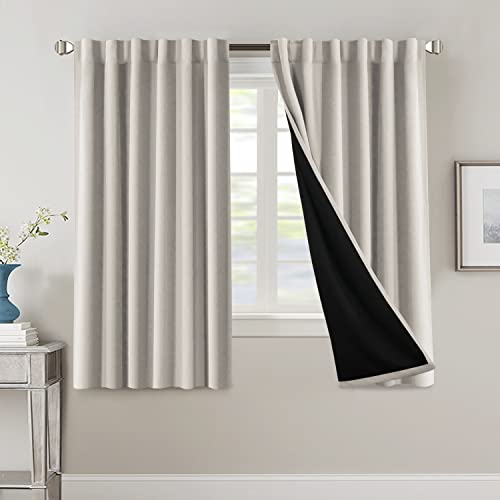100% Blackout Curtains for Bedroom with Black Liner Full Room Darkening Curtains 63 Inches Long Thermal Insulated Back Tab/Rod Pocket Window Treatment Drapes for Living Room, Pumice Stone, 2 Panels
