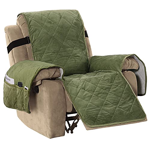 Thick Velvet Quilted Recliner Covers for Recliner Chair Covers Reclining Chair Slipcover Recliner Couch Cover with Non Slip Backing and Wider Elastic Strap (Checked - 79" x 68"- Loden)