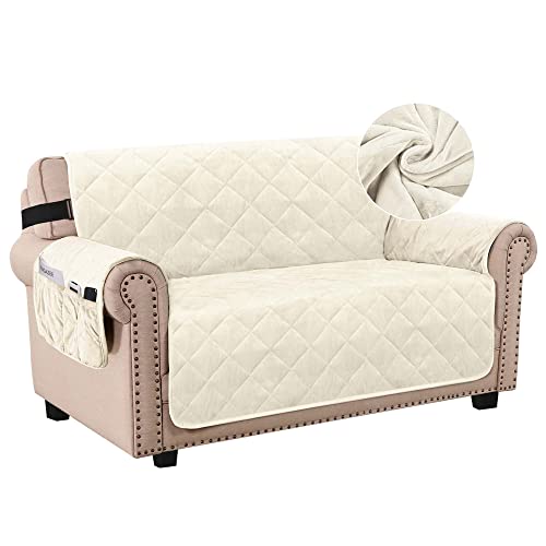 Thick Velvet Sofa Cover Soft Couch Cover for 2 Cushion Sofa Slipcover Washable Furniture Protector for Dogs, Non-Slip Elastic Straps Fit Sitting Width Up to 54"(Loveseat, Ivory)