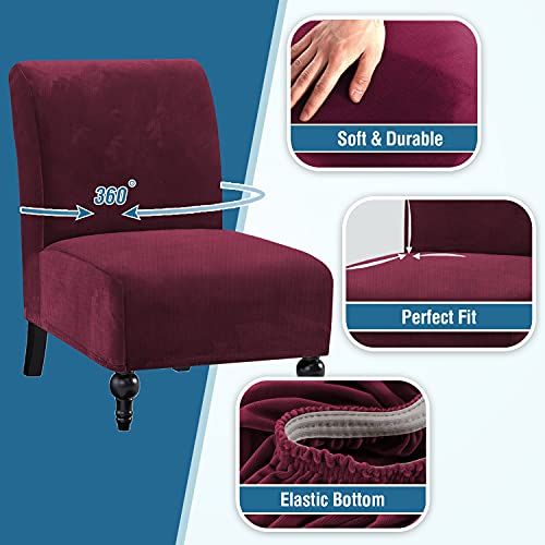 Armless Chair Slipcover Thick Striped Velvet Accent Chair Cover for Living Room High Stretch Slipper Chair Slipcover Removable Furniture Protector with Elastic Bottom, Machine Washable, Burgundy