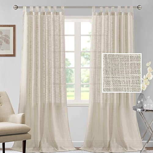 Linen Curtains Natural Linen Blended Curtains for Living Room Burlap Linen Textured Curtains Tab Top Curtains Elegant Energy Efficient Light Filtering Curtains (Set of 2, 52" x 108", Ivory)