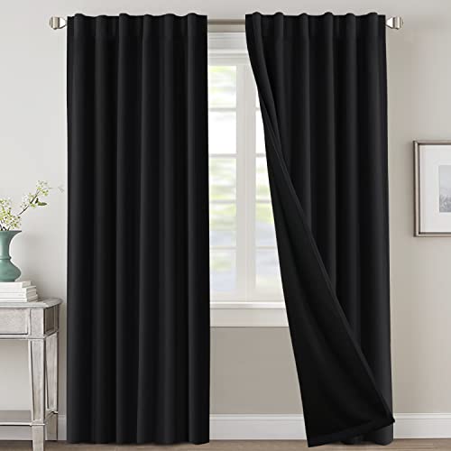100% Blackout Curtains for Bedroom with Black Liner Full Room Darkening Curtains 84 Inches Long Thermal Insulated Back Tab/Rod Pocket Window Treatment Drapes for Living Room, Jet Black, 2 Panels