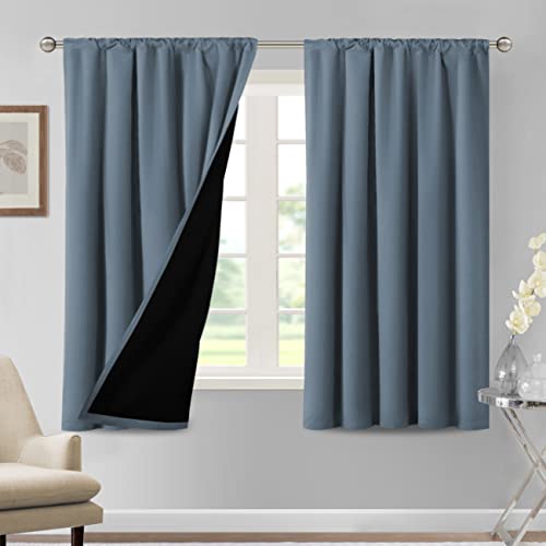 H.VERSAILTEX 100% Blackout Curtains for Bedroom Thermal Insulated Curtains & Drapes Blackout Curtains 63 Inches Long Rod Pocket Curtains for Living Room with Black Liner 2 Panels Set, Stone Blue