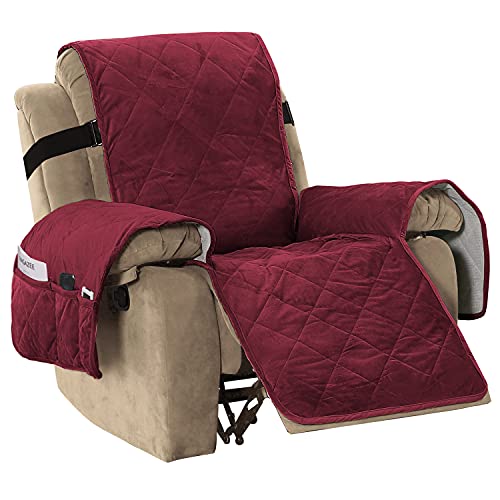Thick Velvet Quilted Recliner Covers for Recliner Chair Covers Reclining Chair Slipcover Recliner Couch Cover with Non Slip Backing and Wider Elastic Strap (Checked - 79" x 68"- Burgundy)