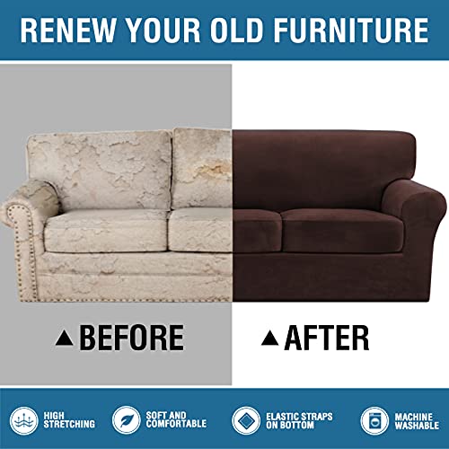 Thick Striped Velvet 4 Piece Stretch Sofa Covers Couch Covers for 3 Cushion Couch Sofa Slipcovers (Base Cover Plus 3 Large Cushion Covers) Feature Soft Stay in Place(3 Cushion: 96"-116", Chocolate)