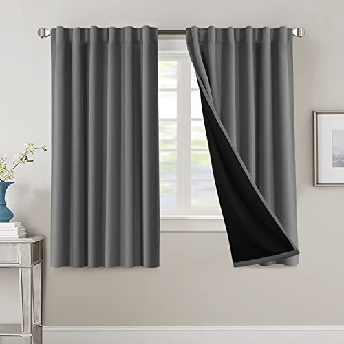100% Blackout Curtains for Bedroom with Black Liner Full Room Darkening Curtains 63 Inches Long Thermal Insulated Back Tab/Rod Pocket Window Treatment Drapes for Living Room, Grey, 2 Panels