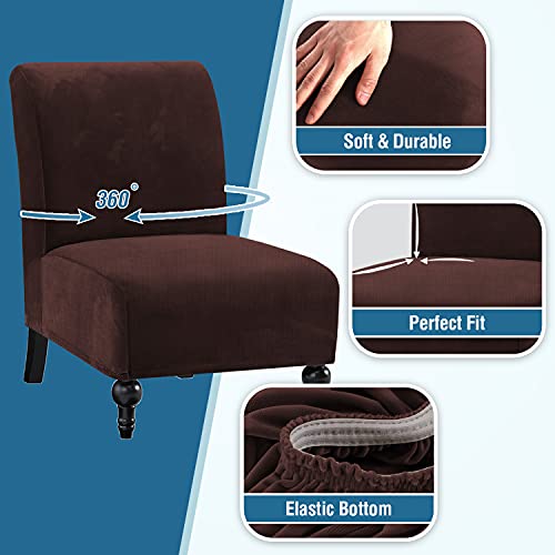 Armless Chair Slipcover Thick Striped Velvet Accent Chair Cover for Living Room High Stretch Slipper Chair Slipcover Removable Furniture Protector with Elastic Bottom, Machine Washable, Chocolate
