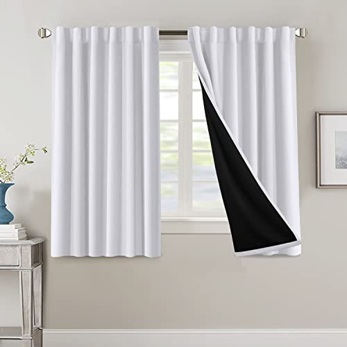 100% Blackout Curtains for Bedroom with Black Liner Full Room Darkening Curtains 54 Inches Long Thermal Insulated Back Tab/Rod Pocket Window Treatment Drapes for Living Room, Bleached White, 2 Panels