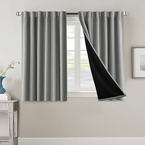 100% Blackout Curtains for Bedroom with Black Liner Full Room Darkening Curtains 45 Inches Long Thermal Insulated Back Tab/Rod Pocket Window Treatment Drapes for Living Room, Dove Grey, 2 Panels