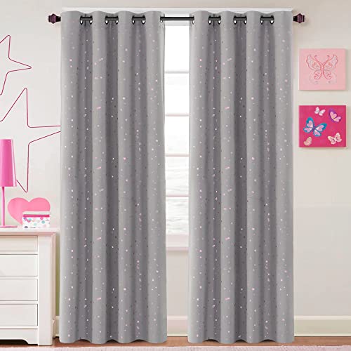 Blackout Star Curtains for Kids Room Boys Girls Twinkle Stars Thermal Insulated Cute Thick Soft Curtain Drapes, Grommet Top, 1 Panel, 52" W x 84" L, Grey/Pink