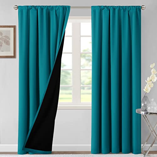 H.VERSAILTEX 100% Blackout Curtains for Bedroom Thermal Insulated Curtains & Drapes Blackout Curtains 84 Inches Long Rod Pocket Curtains for Living Room with Black Liner 2 Panels Set, Turquoise Blue