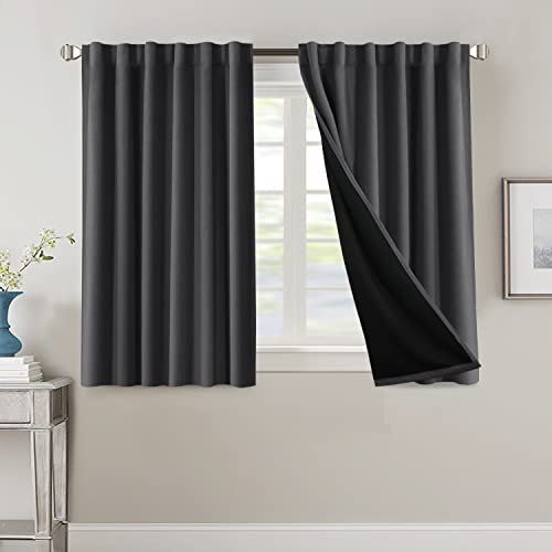 100% Blackout Curtains for Bedroom with Black Liner Full Room Darkening Curtains 45 Inches Long Thermal Insulated Back Tab/Rod Pocket Window Treatment Drapes for Living Room, Charcoal Grey, 2 Panels