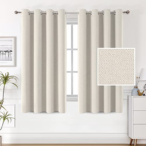 100% Blackout Linen Curtains 54 inches Long Thermal Curtains for Living Room Textured Burlap Curtains with Double Face Linen Grommet Soundproof Bedroom Curtains 52 x 54 Inch, 2 Panels - Ivory