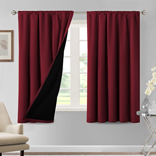 H.VERSAILTEX 100% Blackout Curtains for Bedroom Thermal Insulated Curtains & Drapes Blackout Curtains 63 Inches Long Rod Pocket Curtains for Living Room with Black Liner 2 Panels Set, Burgundy