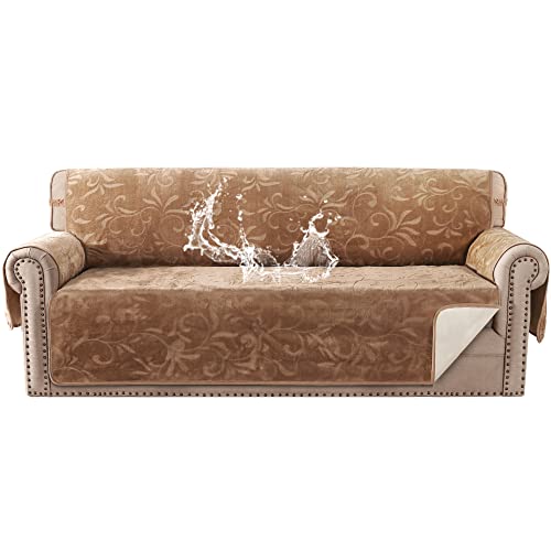 Sofa Slipcover 100% Waterproof Sofa Cover Couch Cover Premium Velvet Classic Flower Pattern Furniture Protector Non Slip with Elastic Straps for Pets Dogs Width Up to 72 Inch (Large Sofa, Camel)