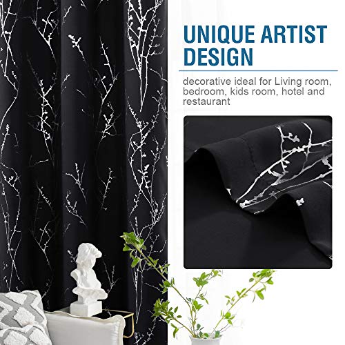 H.VERSAILTEX Blackout Curtains for Bedroom Foil Print Twig Tree Branch Thermal Insulated Grommet Curtain Drapes Light Blocking Thick Soft Window Curtains for Living 52 x 54 Inch Jet Black 2 Panels