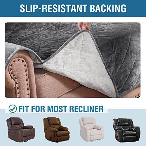 Thick Velvet Quilted Recliner Covers for Recliner Chair Covers Reclining Chair Slipcover Recliner Couch Cover with Non Slip Backing and Wider Elastic Strap (Checked - 79" x 68"- Grey)