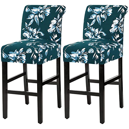 H.VERSAILTEX Stretch Bar Stool Cover Set of 2 Pub Counter Stool Chair Slipcover for Dining Room Cafe Height Side Chairs Feature Modern Floral Printed Design, Dark Teal