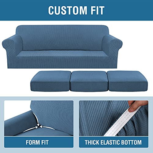 H.VERSAILTEX 4 Piece Stretch Sofa Covers for 3 Cushion Couch Covers for Living Room Furniture Slipcovers (Base Cover Plus 3 Seat Cushion Covers) Upgraded Thicker Jacquard Fabric (XL Sofa, Dusty Blue)