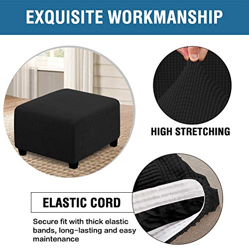 H.VERSAILTEX Square Ottoman Covers Ottoman Slipcovers Folding Storage Stool Furniture Protector Form Fit with Elastic Bottom, Stretch High Spandex Small Checks Jacquard Fabric(Medium,Black)